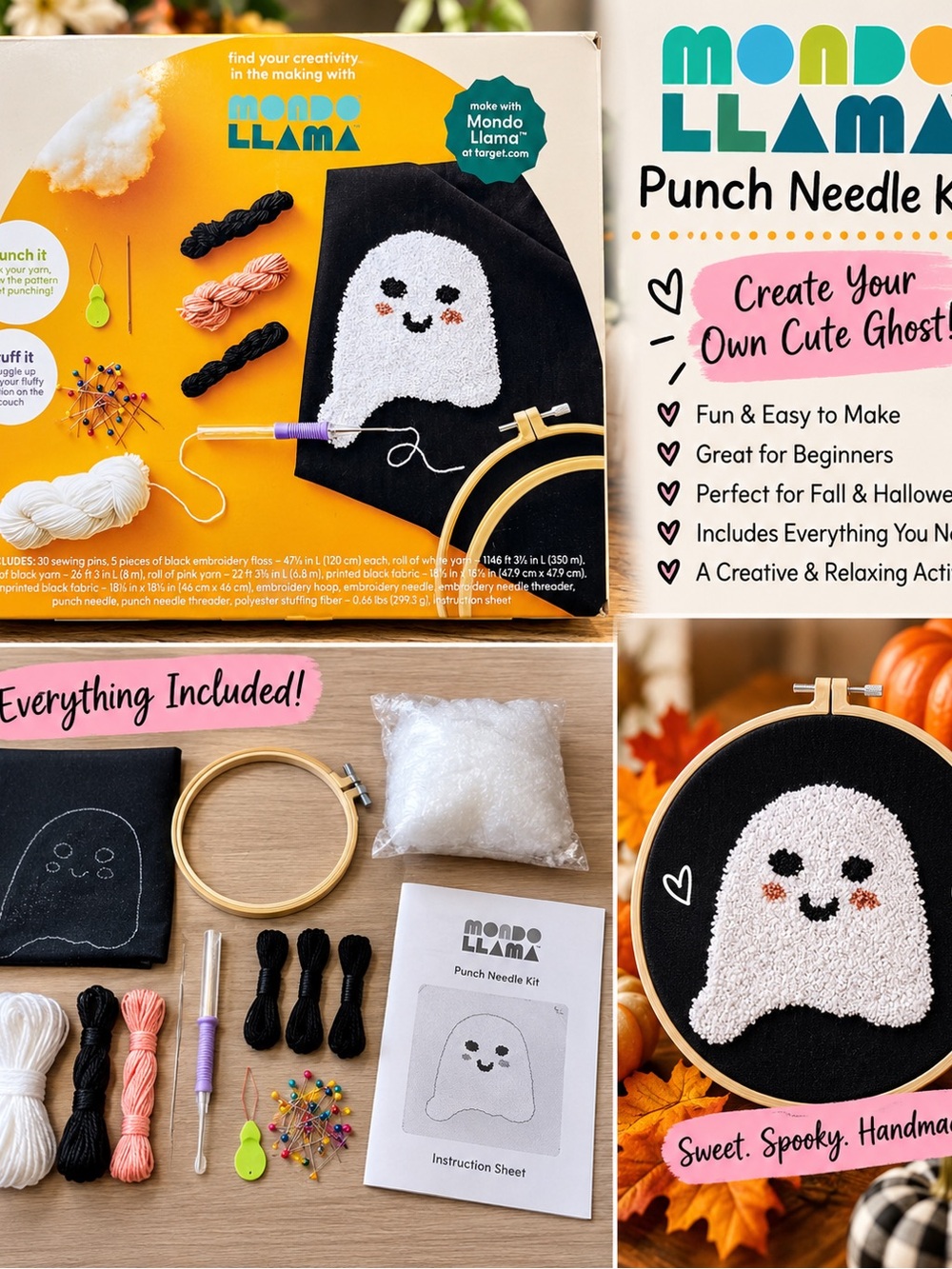 Mondo Llama Kids Punch Needle Kit - Cute White Ghost on Black